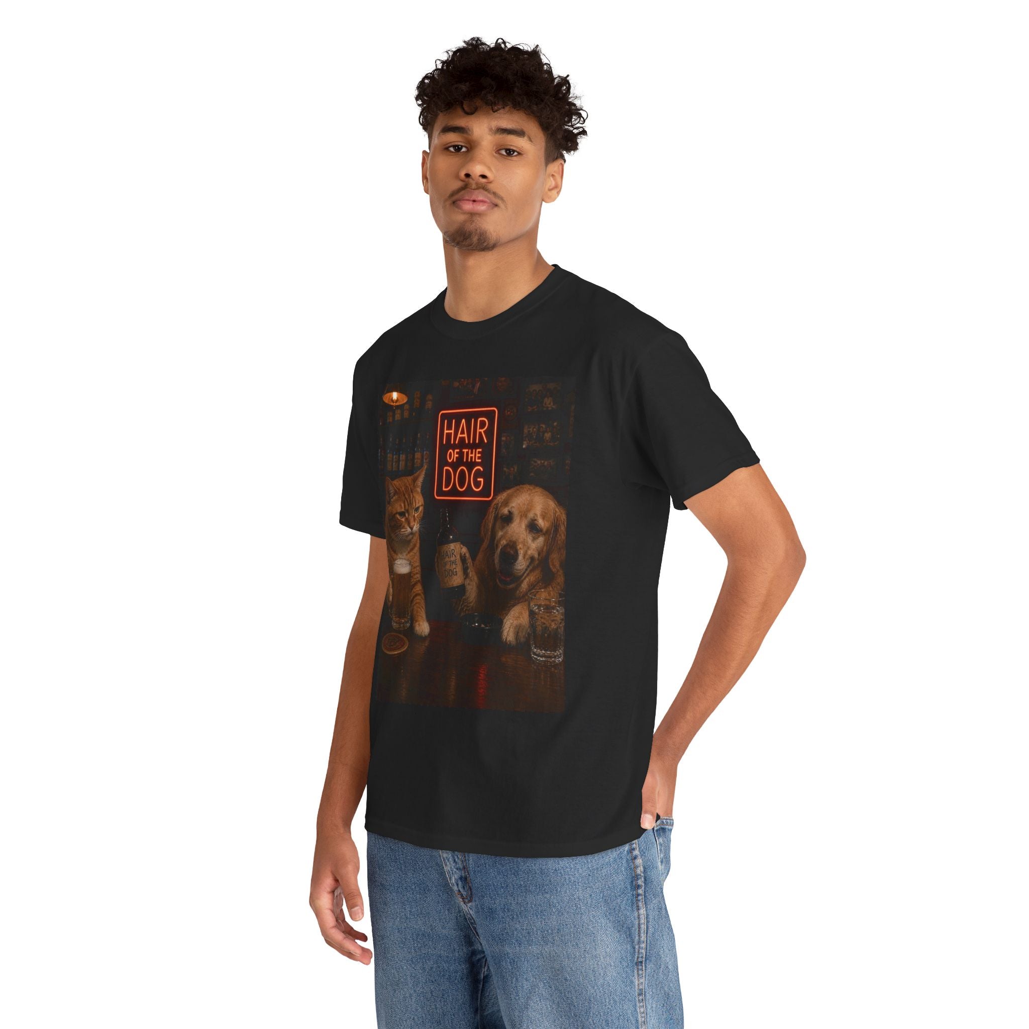 “Hair Of The Dog” Cat & Dog Bar Scene T-Shirt – Funny Hangover Humor Unisex Tee